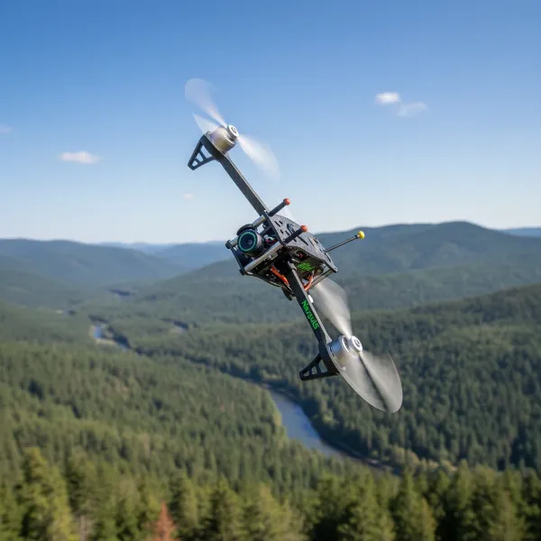 iflight nazgul5 drone performs acrobatic flight over scenic landscape