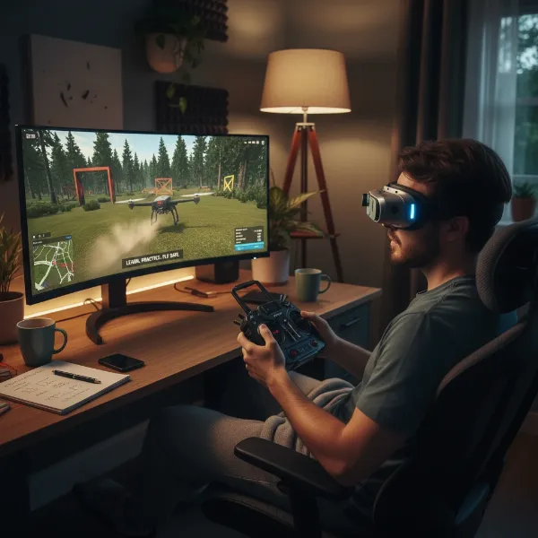 A person using a drone simulator to practice flying, highlighting the safety and cost-effectiveness of virtual training.