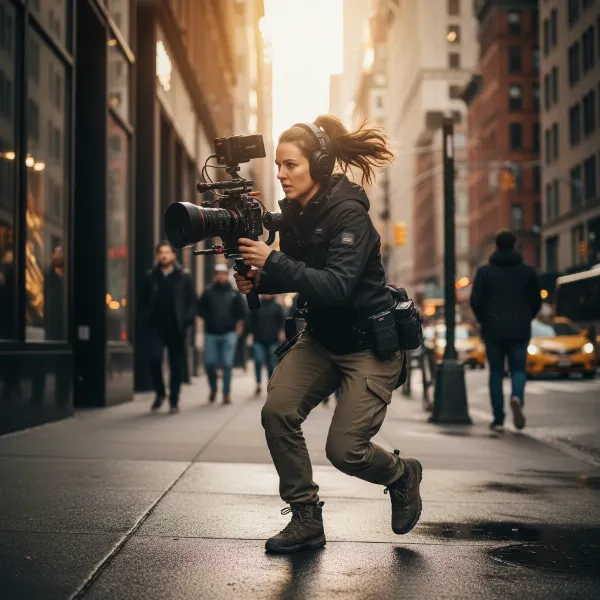 A professional videographer operating a handheld 3-axis gimbal with a mirrorless camera for cinematic footage