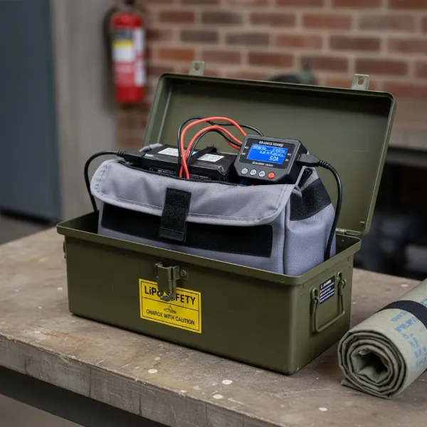 A drone LiPo battery being charged on a balance charger in a safe environment