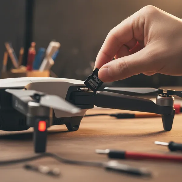 a hand inserting an SD card into a drone for a firmware update process
