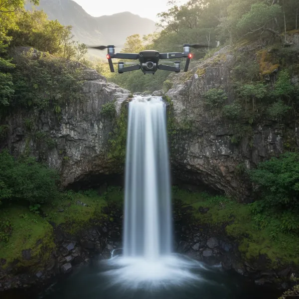 Drone capturing a silky smooth long exposure of a waterfall in a lush green landscape