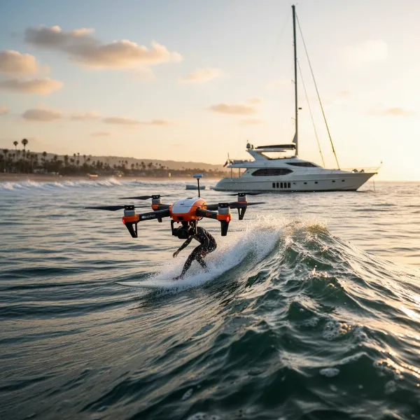 SwellPro Spry+ drone landing or taking off from the ocean surface near a boat or person surfing.