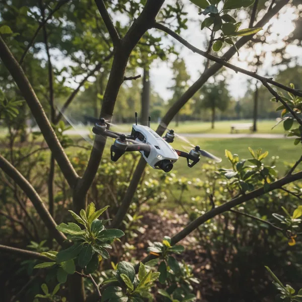 Emax Tinyhawk III drone flying agilely through obstacles in a park.