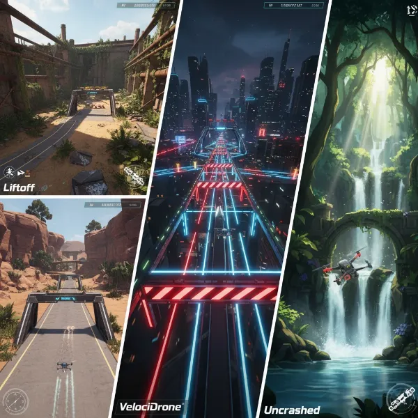 A vibrant screenshot showcasing different FPV drone simulators' environments and drone models, representing diverse flying styles.