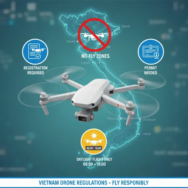 A drone flying over a map of Vietnam with warning signs and regulatory symbols overlayed.